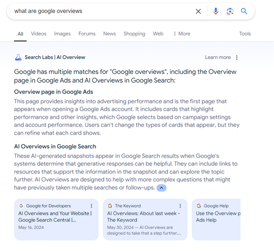 Google search bar that says "what are google overviews". AI examples below. 