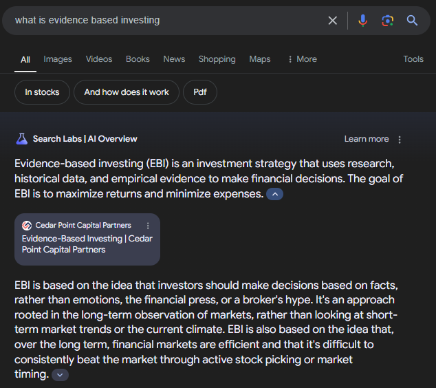 Evidence Based Investing AI examples on Google.