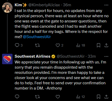 An example of a Southwest Airlines customer service post