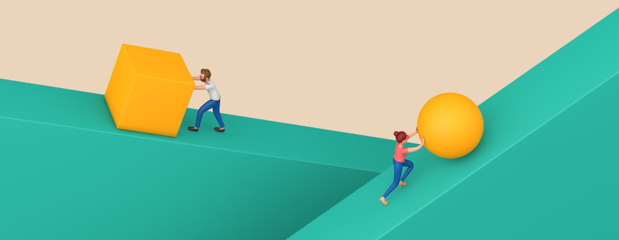 An illustration of people pushing different shapes up a hill